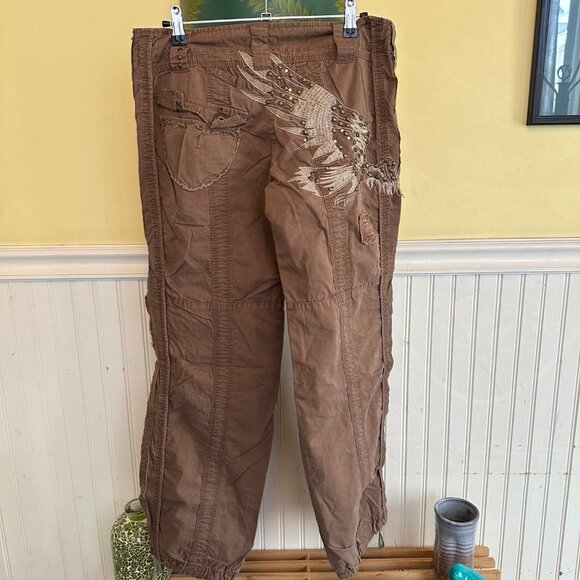 Romeo & Juliet Couture Brown Cargo Pants With Embroidered Eagle Design - Picture 2 of 9